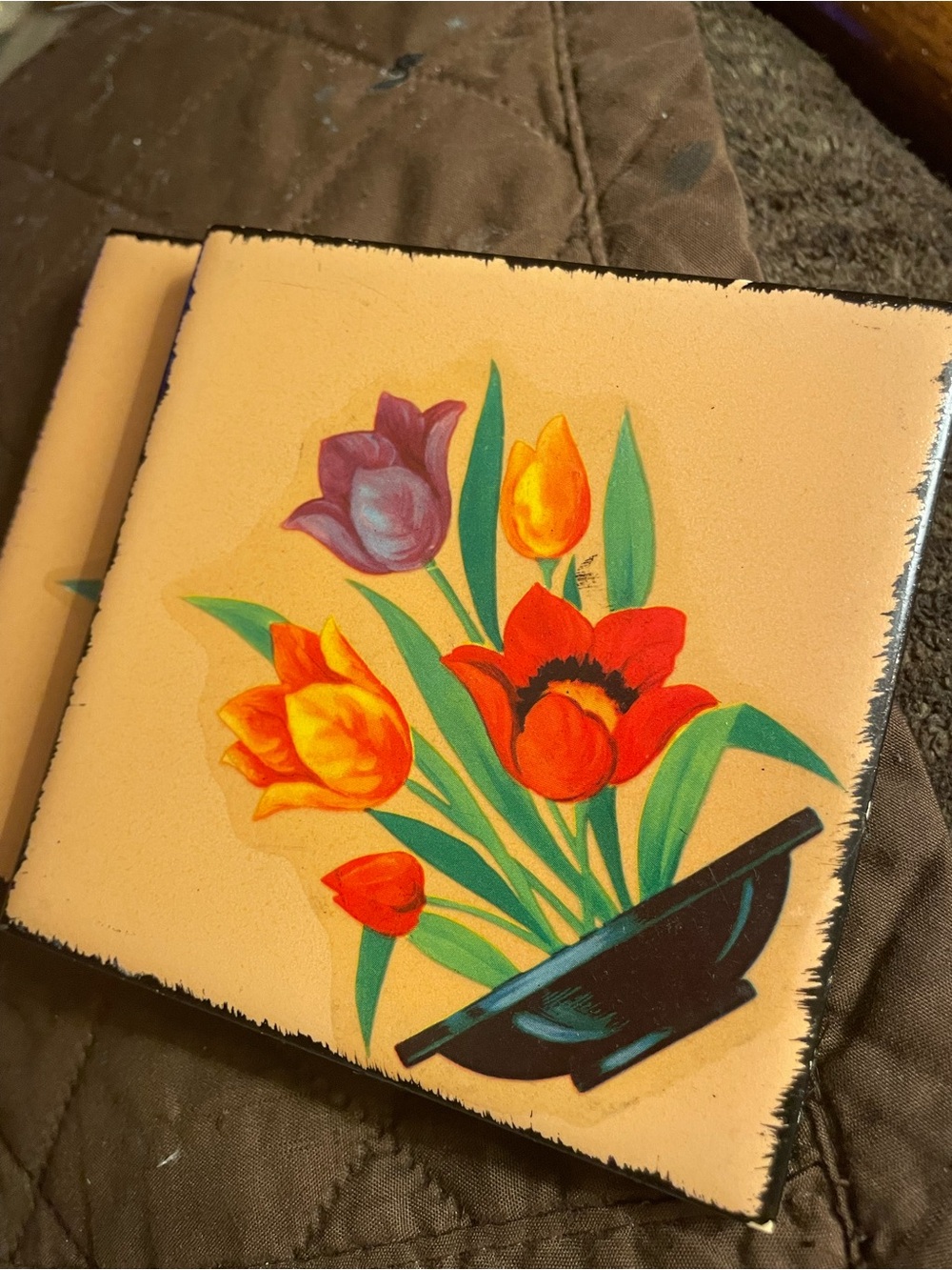 Set of 2 Hand-Painted Floral Tile Wall Art - Red, Orange & Purple Tulips
